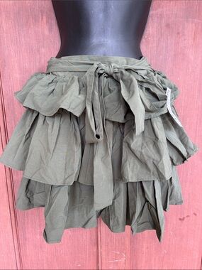 New Tiered Ruffle Mini Skirt with Waist Tie - Olive